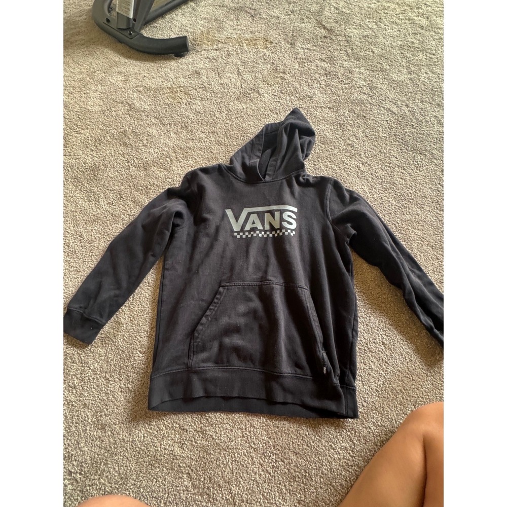 Vans Boys Large Black Hoodie Silver Logo Graphic Fleece Sweatshirt Kids L